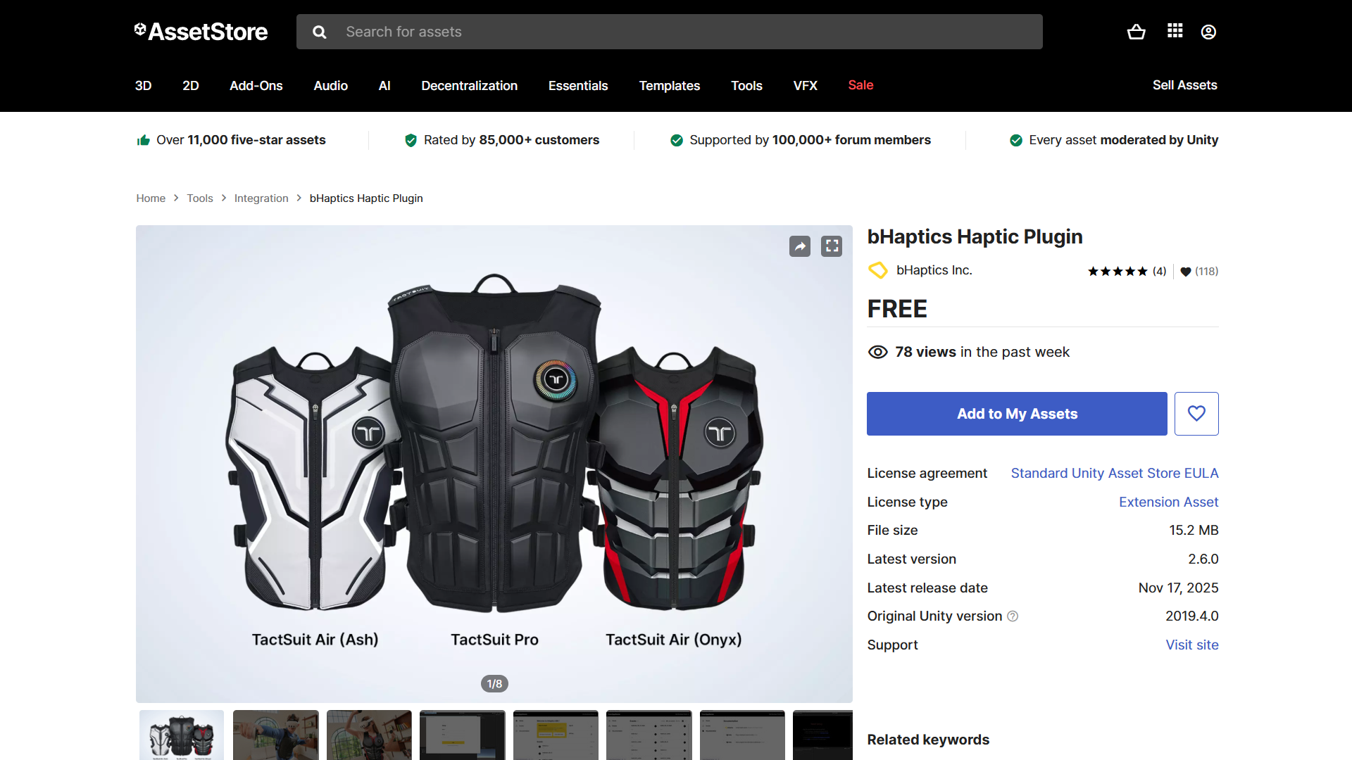 bHaptics Haptic Plugin dans l'AssetStore Unity